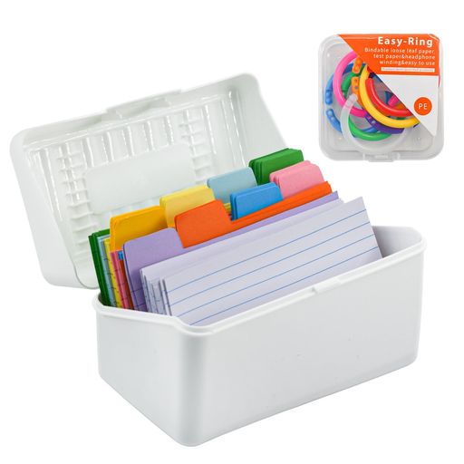 VANRAインデックスカード300枚ケースセットリビジョンカード収納ボックスメモ帳ホルダー横線ホワイト多色単語カードリング穴付きバインダー付き学校勉強オフィス(ホワイト)