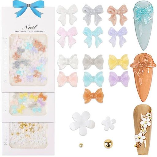 【お得な3種類セット】タイプAリボン(30個、ランダムカラー)+タイプBリボン(30個、ランダムカラー)+花とゴールドブリオン(約10G)。お客様のさまざまなニーズを満たすことができます。 【お花とブリオン】花パーツもブリオンも大と小の2種類があります。異なる大小のブリオンはお花の中央部分に配置すれば、可愛らしいお花の3Dパーツが完成、ネイルに1つつけるとワンポイントになって可愛いです。 【2タイプのリボン】透明なキャンディ色のリボン2種類あります。立体感があり存在感が抜群です。ほかのネイルパーツと組み合わせて使っても単品使いも可能です。カラーのバリエーションが豊富で、様々なネイルが作れます。 【幅広い用途】ネイルはもちろん、レジンの封入素材やアクセサリー製作、デコパーツなど、幅広くお使いいただけます。 【安心安全】环境にやさしい树脂で作られ、無毒無害、安全に使用できます。
