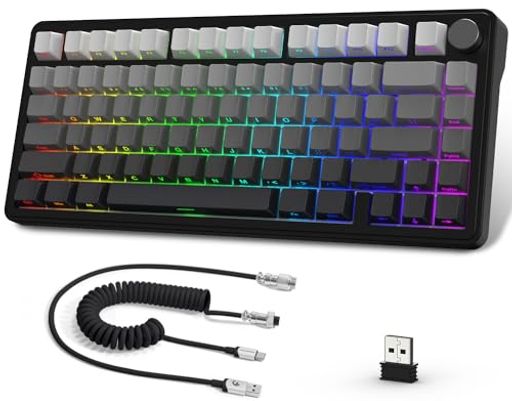 ATTACK SHARK X85メカニカルキーボード、ノブ付き75%ワイヤレスゲームキーボード、PBT側プリントキーキャップ、BT 5.1/2.4 Ghz/USB-C有線、ホットスワップ、リニアスイッチ、RGB、NKRO、PC、MAC( ブラ…