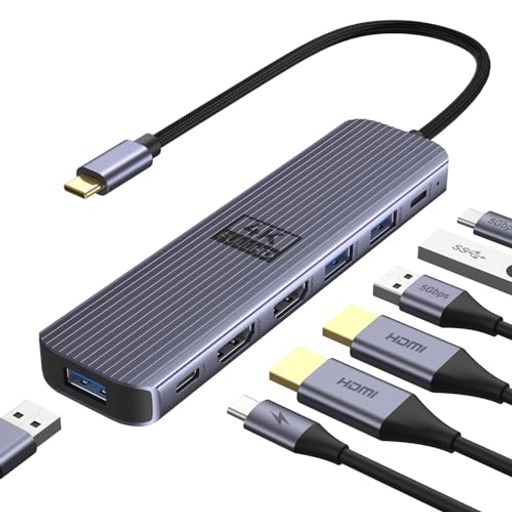 USBハブUSB-Cドッキングステーション7-in-1Type-Cハブ4K60HzHDMIx2・USB3.0x4・PD100W充電対応・デュア..