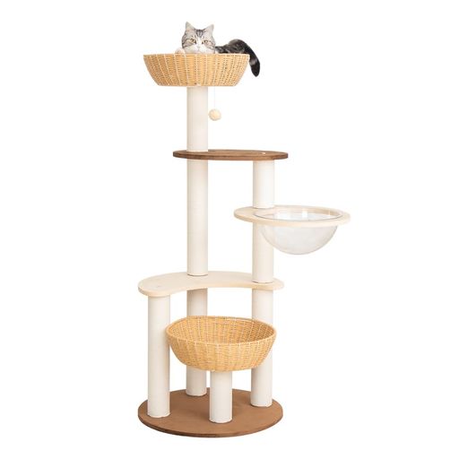 LULUCAT キャットタワー 据え置き おしゃれ 大型猫 おしゃれ 高さ133cm 木製ボードにベルベット張り 手編みカゴ シニア猫 爪とぎポール インテリア性 省スペース 多頭飼い スリム 夏冬兼用 …
