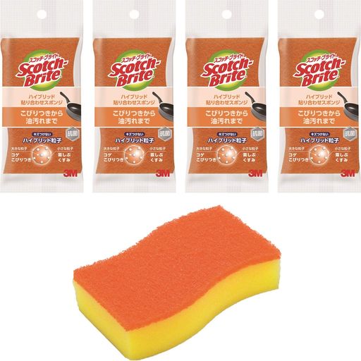 3Mスポンジキッチンキズつけない抗菌ハイブリッドオレンジ4個スコッチブライトHBE-4P