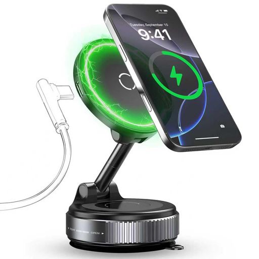 磁気式 車 スマホホルダー 真空吸盤 ワイヤレス充電 15W 急速充電 360° 回転 自由に調整 N52 マグネット搭載