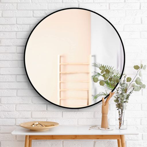 メイク 【装飾的なバスルームミラー】直径20インチのブラックラウンドミラーは、機能的なウォールアートとして機能しながら、視覚的にあなたの家をより広々とした魅力的なものにすることができます。この装飾的な壁の丸いミラーであなたのモダンで素朴な部...