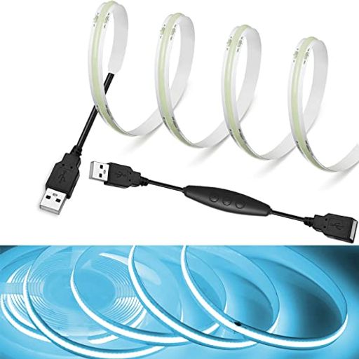 【Rye】 LEDストリップライトDC5V COBテープライトスーツフレキシブル 高密度 LEDテープライト 1m 320LEDs/m アイスブルー 180°発光CRI =90,電源コードスイッチ、5段調光、45cmケーブル,両面テープ変… fleurette01-10418526 fleurette パッケージ画像