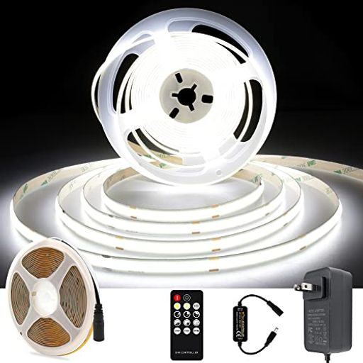 AXMOTUT COB LEDテープライト5m 24V 昼光色 6000K 高輝度 調光可能 高密度 フレキシブル LEDテープライト 付きRF リモートおよび PSE認証電源 切断可能 取付簡単 工具不要 非防水 店舗 室内 ホーム装… fleurette01-10418657 fleurette パッケージ画像