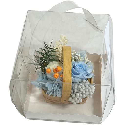 ギフト W10xD10xH10cm かわいいミニバスケットに入ったプリザ&amp;ドライフラワーのアレンジです。 レッド・パープル・ブルー・ピンク・ミックス・オレンジの6色展開です。 取っ手付きケース入りです。ケースの表面は、キズ防止フィルムが貼ってあります。