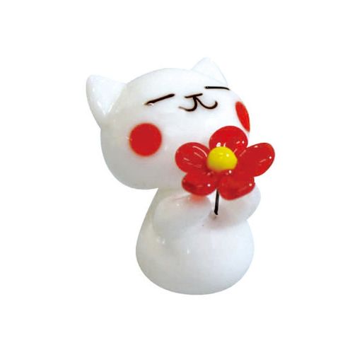 かわいい猫手作りガラス細工お花どうぞシロネコ