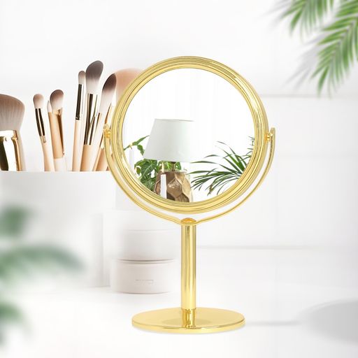 Homirio卓上ミラー金属製化粧鏡ミニサイズ360度回転両面鏡2倍拡大鏡女優ミラースタンド付き円形ゴールド