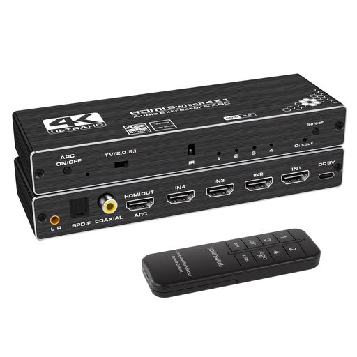 【HDMI 切替器 4入力1出力】これは4入力1出力のHDMI切替器で、4台のHDMI信号源デバイスを1台のHDMIディスプレイに接続し、簡単に切り替えることができます。本切替器に内蔵されたHDMIオーディオ分離器は、HDMI ARCオーディオ出力、光デジタル(SPDIF)+同軸出力、3.5mm AUXステレオ出力をサポート。この機能により、HDMI信号源からオーディオ信号を分離し、サウンドバー、AVアンプ、またはスピーカーへ伝送できるため、多様なホームシアターシステムの構成を実現します。 【ウルトラHD 4K@60Hz視覚的な楽しみ】この HDMI スイッチは、最大4K@60Hzの解像度をサポートし、超クリアなビジュアルと滑らかなゲーム体験を実現します。さらにHDR10、ドルビービジョン(Dolby Vision)、可変リフレッシュレート(VRR)、低遅延モード(ALLM)、HDCP 2.2に対応し、各種最新ゲーム機やハイエンドメディア機器との完全な互換性を保証します。