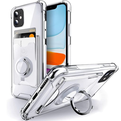 SHIELDSUP互換性iPhone11用ケース背面カード収納リング付きスタンド機能耐衝撃透明TPUカバー6.1インチアイフォン11用スマホケース-クリア