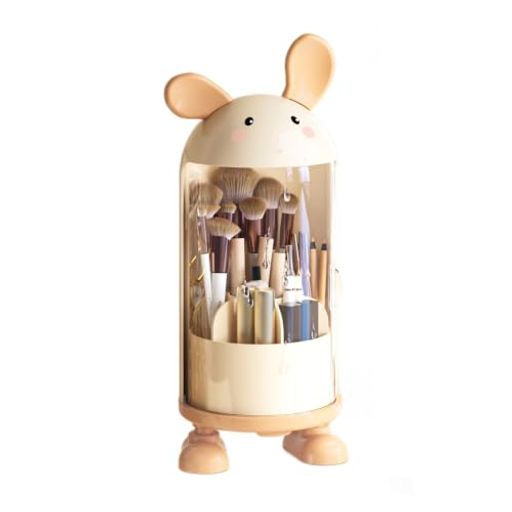 化粧ブラシ収納 かわいいデザイン:ネズミのキャラクターをモチーフにした愛らしいデザインで、テーブルをおしゃれに飾ります。 回転可能な台座:360度回転できる台座付きで、必要なアイテムにすぐアクセスできます。 大容量収納:高さ33cm・幅13cmの広々とした収納スペースで、メイクブラシや化粧品をたっぷり収納できます。 透明カバー付き:クリアなカバーで中身が一目で確認でき、ほこりや汚れからコスメを守ります。 多用途ラック:化粧品やアクセサリーの収納だけでなく、女の子へのプレゼントにも最適なマルチファンクション収納ボックスです。