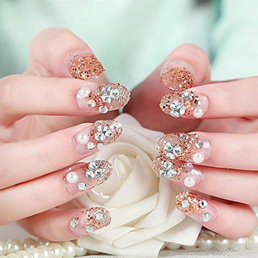 24枚入ネイルチップ花嫁ネイル直接貼るネイル手作りネイルチップきらきら光っているネイルアート写真を撮る、結婚式、パーティー、二次会などパールラインストーン
