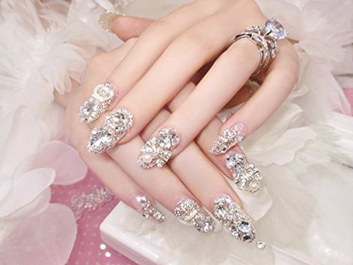 花嫁ネイル手作りネイルチップラインストーンリボンが輝くフルチップシンプルネイルチップ24枚セット人造ダイヤモンド両面接着テープ付き結婚式、パーティー、二次会などにジルコン(…