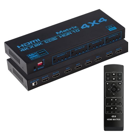 【HDMIマトリックス4x4】この4入力4出力HDMIマトリックスセレクターは、4つのHD信号源を4つのHDモニター端子に接続できます。このHDMIマトリックスにより、4HDMI設備を4つのHDMI互換モニターまたはプロジェクターに簡単に切り替えたり分割したりできます。HDCP 2.2、HDMI2.0b、4K @ 60HZ、RGB4:4:4、YUV 4:4:4、4KHDRをサポートしています。この4x4HDMIマトリックスセレクターは、IRリモコンでも制御できます。EDIDを設定したら、HDMIマトリックスのスイッチをON-OFFし再起動してください。 【HDMIビデオ形式】4K@60Hz、4K HDR、3840x2160@60Hz、Ultra HD、3D、RGB 4:4:4、YUV 4:4:4。18Gbpsのデータレートをサポートし、TMDSは最大600Mhzです。ビット深度8/10/12/24ビットをサポートします。