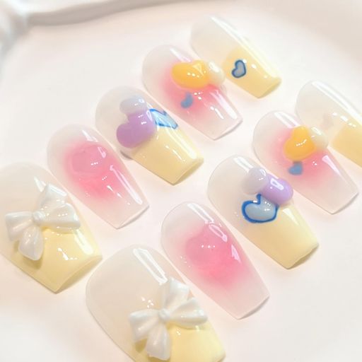 ネイルパッチ、ネイルチップ、付け爪、手作りネイルチップ、ハート、カラフル、リボン、3Dネイル、ミディアムからロング、10ピース、100%手作りネイル ネイルパッチ、ネイルチップ、付け爪、手作りネイルチップ、ハート、カラフル、リボン、3Dネイル、ミディアムからロング、10ピース、100%手作りネイル