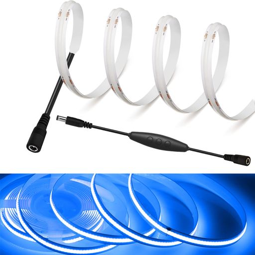 【Rye】LEDストリップライトDC12VCOBテープライトスーツフレキシブル高密度LEDテープライト2m320LEDs/mブルー180°発光CRI =90電源コードスイッチ、5段調光、45cmケーブル両面テープ変形可能切断可能