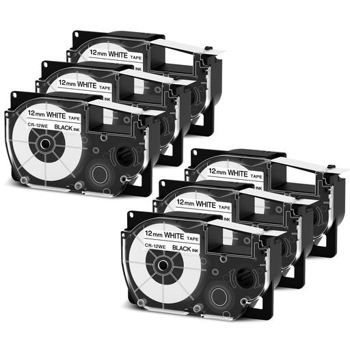 Aitepu互換12mm白地カシオネームランドテープ6個黒文字XR-12WEXR12WECASIONameLandKL-TF7KL-P4ラベルライターテープ長さ8m