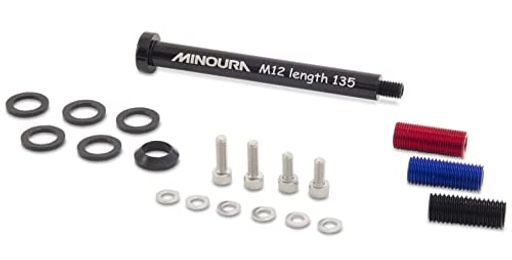 フロントキャリア装着用12mmスルーアクスル汎用セット 対応幅:100/110mm兼用 対応ネジピッチ(赤:P1.0mm、青:P1.5mm、黒:P1.75mm) ※キャノンデールなどの2条ネジ(ダブルスレッド)には本品は非適合です。別売の専用ねじ部(金色)で対応してください。