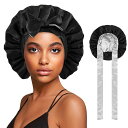 サテンボンネットシルクボンネットヘアボンネット睡眠用大きなボンネット女性用リバーシブルボンネットタイバンドナチュラルカーリーヘア用リバーシブルラージボンネット(ブラック+…