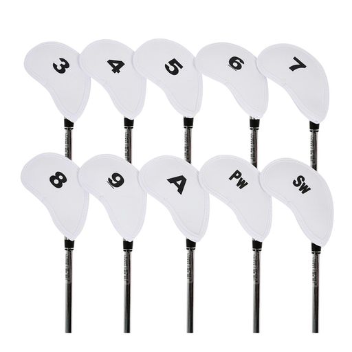 ゴルフアイアンカバー10枚セット番手付見やすいヘッドカバークッション素材保護カバー(白)