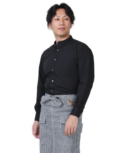 GH7018-9ブラック4L長袖シャツスタンドカラーシャツブロード制服飲食店男女兼用