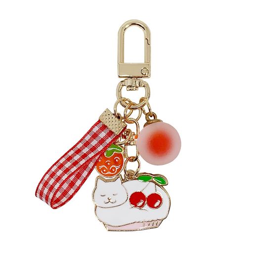 猫キーホルダーAirPods対応アクセサリーカラビナケース用キーリングチャームーキーチェーン(猫チェリーイチゴ)