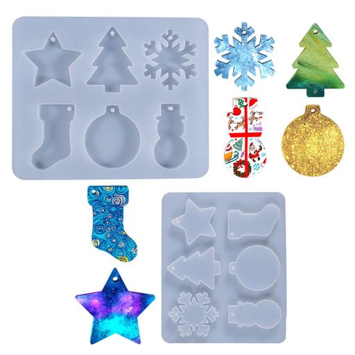 クリスマスシリコンモールド穴あきタイプクリスマスツリー雪の結晶雪だるま星レジンモールドオーナメン..