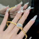 24枚セットネイルチップ透けるホワイト可爱い蝶々偽の爪写真を撮る、結婚式、成人式、パーティー、二次会などパールラインストーン