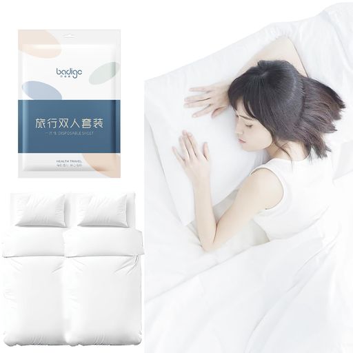 Lynlyulinger使い捨てベッドシーツ、掛け布団カバー、枕カバーセット、柔らかく、快適で通気性があり、厚くて大きい、不織布、ポータブル、衛生安全、旅行ホテル寝具セット(ダブル-寝具…