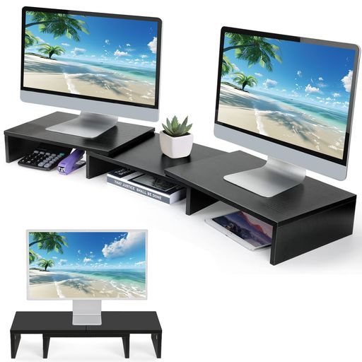 【商品詳細】完成品サイズ:幅900x奥行き240x高さ120/105mm 積載できるPCの最大サイズ:幅22x奥行き50x高さ48.5cm 【総耐荷重:40kg】中棚板:20kg 左右棚板:10*2kg 梱包サイズ:幅43 x奥行30x高さ10cm/約4.5kg(梱包材含む) 材質:パーティクルボード (厚さ15mm)お客様組み立て式(組立の目安:約10-30分程度。組立て時に必要な組立て工具も同梱しております。 説明書にQRコードがついています。QRコードをスキャンしてYouTubeで本商品の取り付けビデオをご覧ください。 【自分のデスクトップをDIY】モニタースタンドの高さと角度を個人の使用方法に合わせて自由に調整できます。デュアルモニター、ラップトップ、タブレット、ランプ、スマホ、スピーカーなどのデバイスを配置して、作業効率を向上させます。 【収納スペースを追加】このデュアルモニター台には棚板が3枚付いており、キーボード、オフィスファイル、ノート、電卓などを収納できるモニタースタンドとして使用できます。テーブルを常に清潔できれいに保ちます。