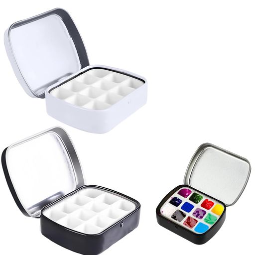 ZHEJIA水彩パレット2個セット顔料パレット小型軽量蓋付きDIY油絵漫画水粉用学生アーティスト初心者旅行用12色収納ホワイトブラック