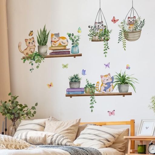 かわいい猫植物ウォールステッカー蝶々本棚デザイン壁紙シール保育園子供部屋寝室装飾用ステッカーウォールシール剥がせる壁紙シールインテリア壁装飾シール
