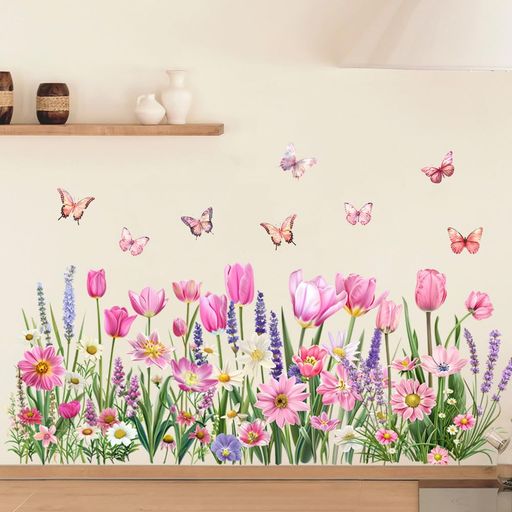 ウォールステッカー花と蝶壁紙シールひまわりとデイジーの庭園壁飾りフラワースカート野の花自然風リビングルーム寝室ステッカー装飾用ウォールシール剥がせる壁紙シールインテリア…