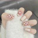 24pcs可愛いネイルチップグリッド模様ピンク乳白色ネイルチップの取り外しができますfalsenails大人可愛い女性披露宴パーティー二次会入学式卒業式入園式成人式花火大会お花見