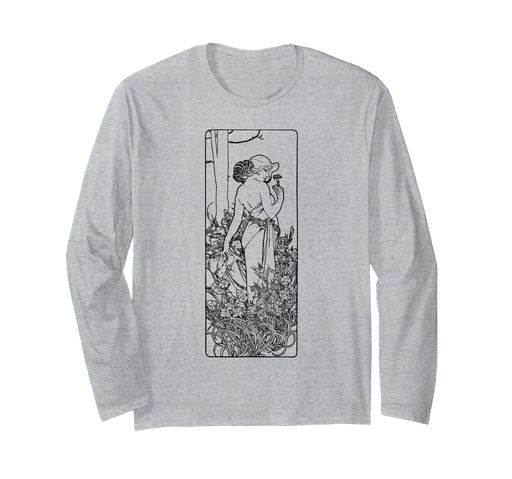 花園の女ミュシャアールデコ線画長袖Tシャツ
