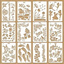 ステンシルシート【12枚セット】描画テンプレート花蝶リボンハート柄製図用テンプレート描画ツール透かし彫り水洗い可塗り絵/DIYアルバム/手帳/メッセージカード/...