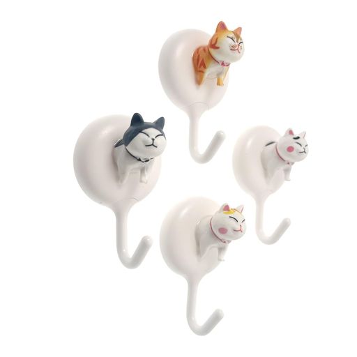 Hooks - 猫型キーフック4個セット、プラスチック製、壁掛け式、ホワイト&グレー(グレー)