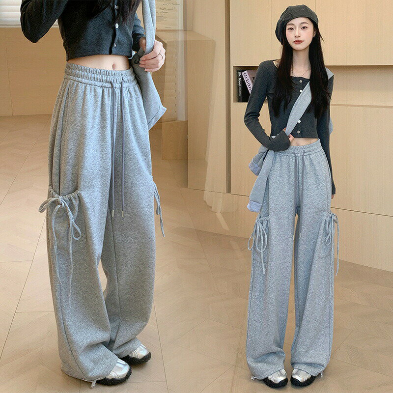 グレー トレンカ レディース 秋冬 新作 ハイウエスト ゆったり リボン結び ストレートパンツ デザイン性 カジュアル ワイドパンツ スポーツパンツ 厚手 暖かい ストレッチ 着心地 快適 大きいサイズ マタニティ ママ 通勤 通学 オフィス 普段着 おしゃれ