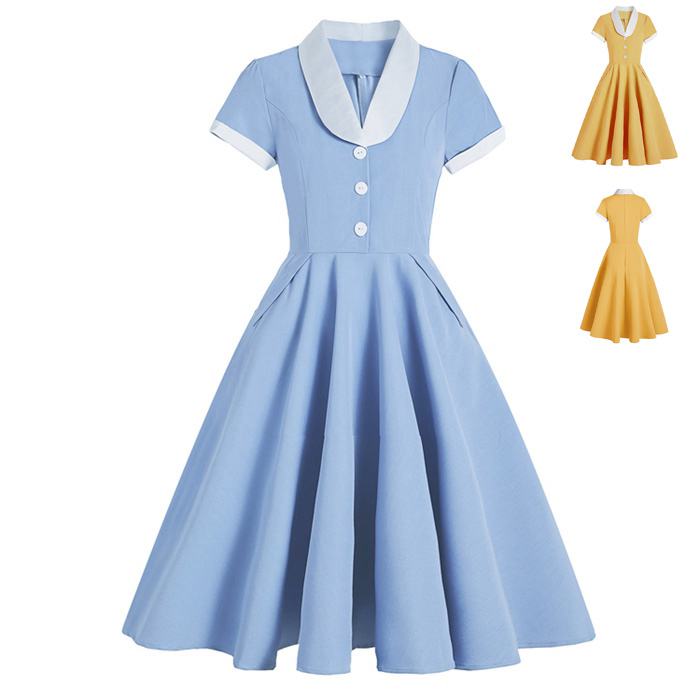 ワンピース レディース 夏 夏服 ロングワンピース レトロワンピース フレアワンピース 半袖 開襟 Aライン 大きい裾 Vネック ハイウエスト 無地 ダンスウェア きれいめ 着痩せ ダンス衣装 練習着 ステージ衣装 イベント衣装 舞台衣装 団体服 演出服 発表会 結婚式 お出かけ(4)