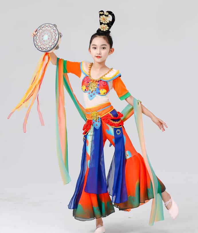 キッズダンス衣装 中華古典ダンス 衣装 ストール付き3点セット 髪飾り4点セット ラッパパンツ ガウチョ..