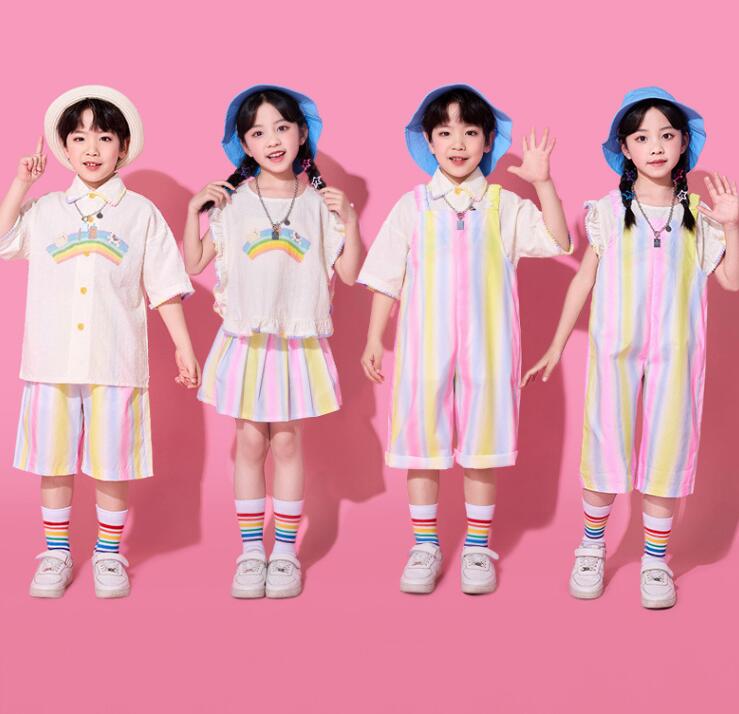 キッズダンス衣装 ストライプ柄サロペット ミニパンツ スカート 2点セット チアガールダンス舞台ダンスウェア 半袖シャツハーフパンツセット 女の子/男の子学園ダンス衣装チアダンス運動会 普段着 旅行 チアリーディング イベント ステージ100-180cm