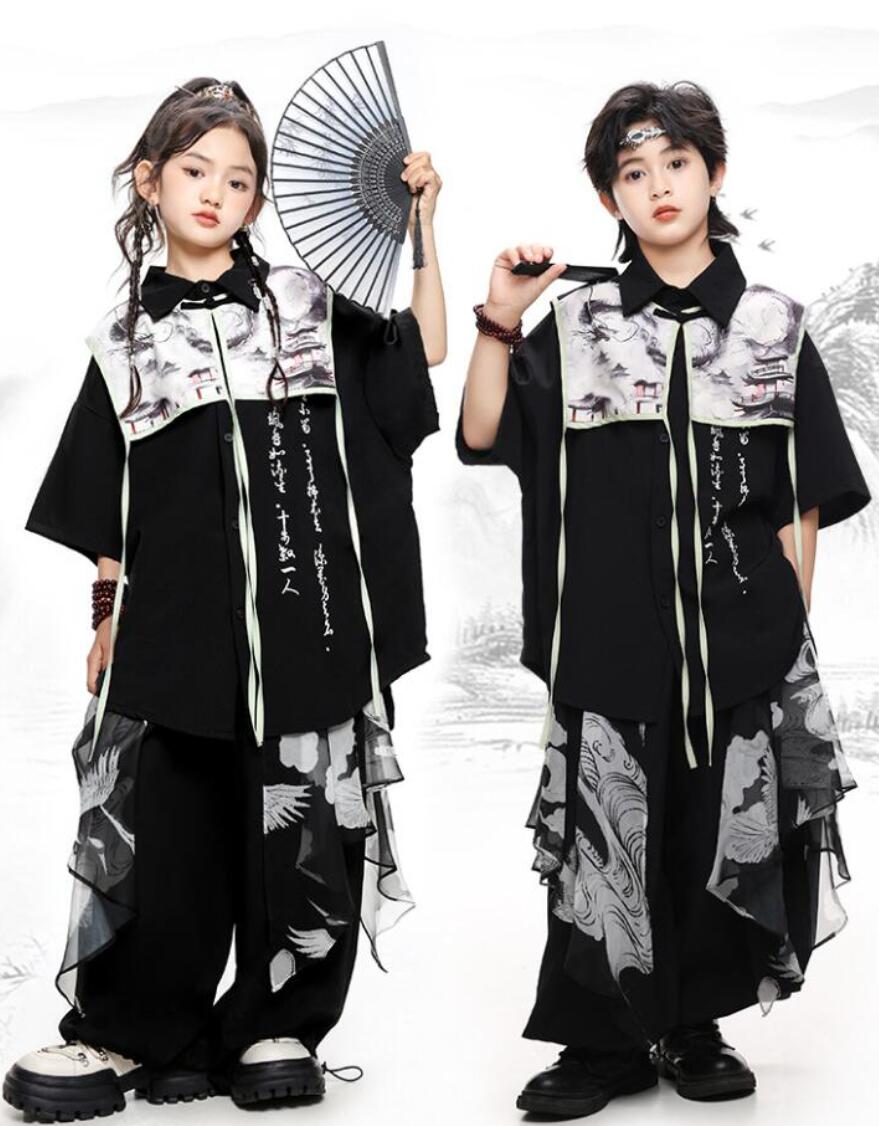 子供ダンス衣装 中華風キッズヒップホップ唐装漢服セット ベスト対応可能　チャイナ風半袖シャツ　ふんわりガウチョパンツ　切り替え　太極拳春夏2/3点セットアップ　龍柄ベスト男女兼用舞台ジャズヒップホップ演出服　hiphopjazz舞台ダンス衣装 男女兼用ステージ演出ウェア