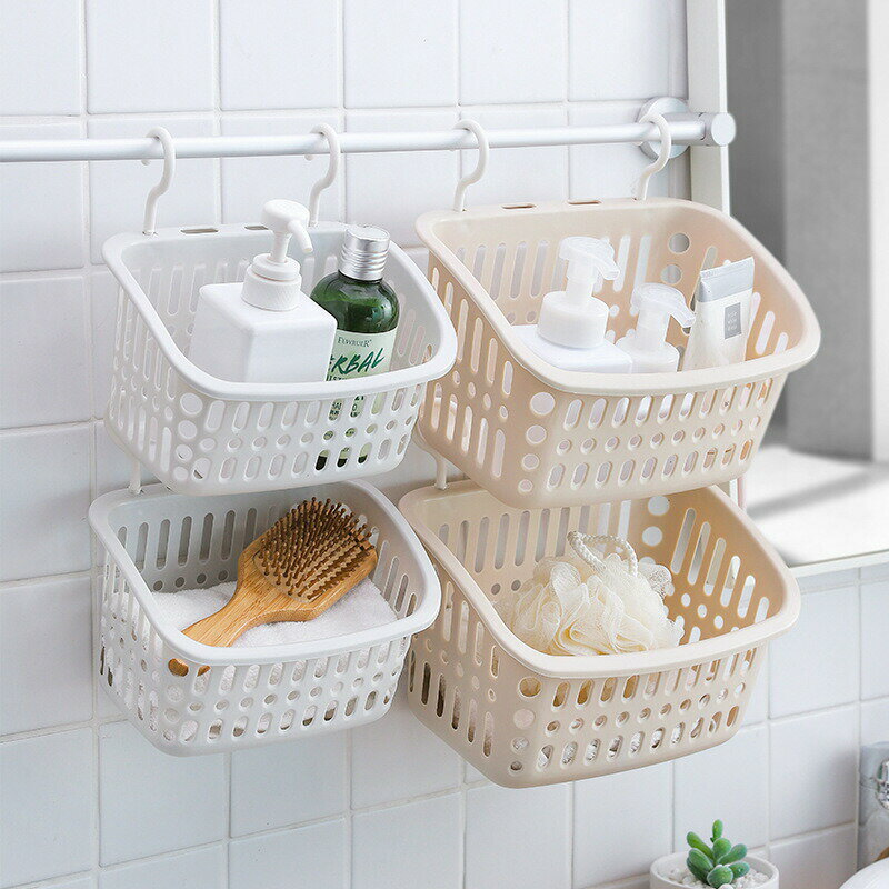 3点セット フック付き かご バスケット 収納 吊り下げ ラック プラスチック 脱衣所 洗面所 キッチン バス用品 多用途