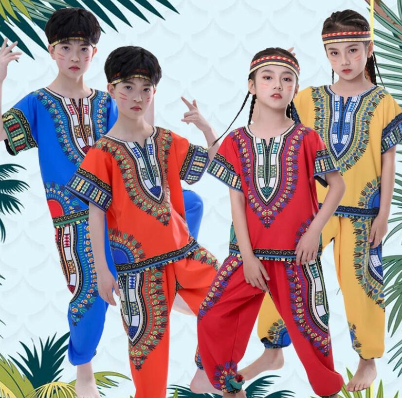 子供ダンス衣装 ジャンベ 打楽器 ヒップホップ ジャズダンス衣装 民族風 ダンス衣装 エスニック花柄 半袖 Tシャツ＋サルエルパンツ ヘアバンド付き 3点セット 女の子 男の子 インディアン風 ステージ衣装 イベント舞台演出服演奏服 練習着 団体服 発表会 舞台衣装