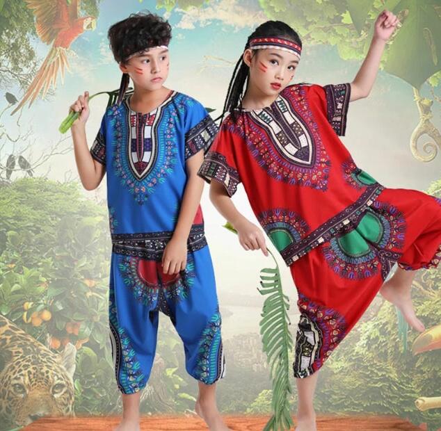 子供ダンス衣装 ジャンベ 打楽器 ヒップホップ ジャズダンス衣装 民族風 ダンス衣装 エスニック花柄 半袖 Tシャツ＋サルエルパンツ ヘアバンド付き 3点セット 女の子 男の子 インディアン風 ステージ衣装 イベント舞台演出服演奏服 練習着 団体服 発表会 舞台衣装 2