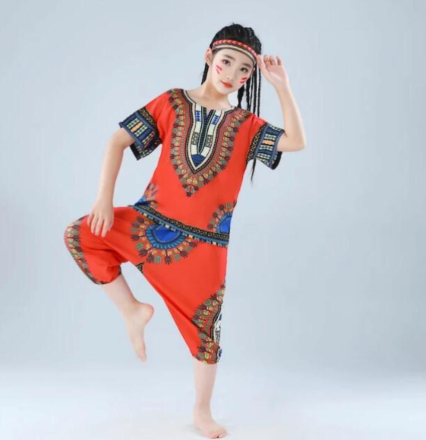子供ダンス衣装 ジャンベ 打楽器 ヒップホップ ジャズダンス衣装 民族風 ダンス衣装 エスニック花柄 半袖 Tシャツ＋サルエルパンツ ヘアバンド付き 3点セット 女の子 男の子 インディアン風 ステージ衣装 イベント舞台演出服演奏服 練習着 団体服 発表会 舞台衣装 3