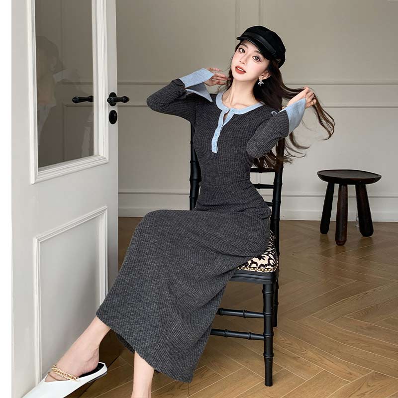 ニットワンピース タイト ロングワンピース ツートン グレー タイトワンピース ニット ワンピース 長袖..