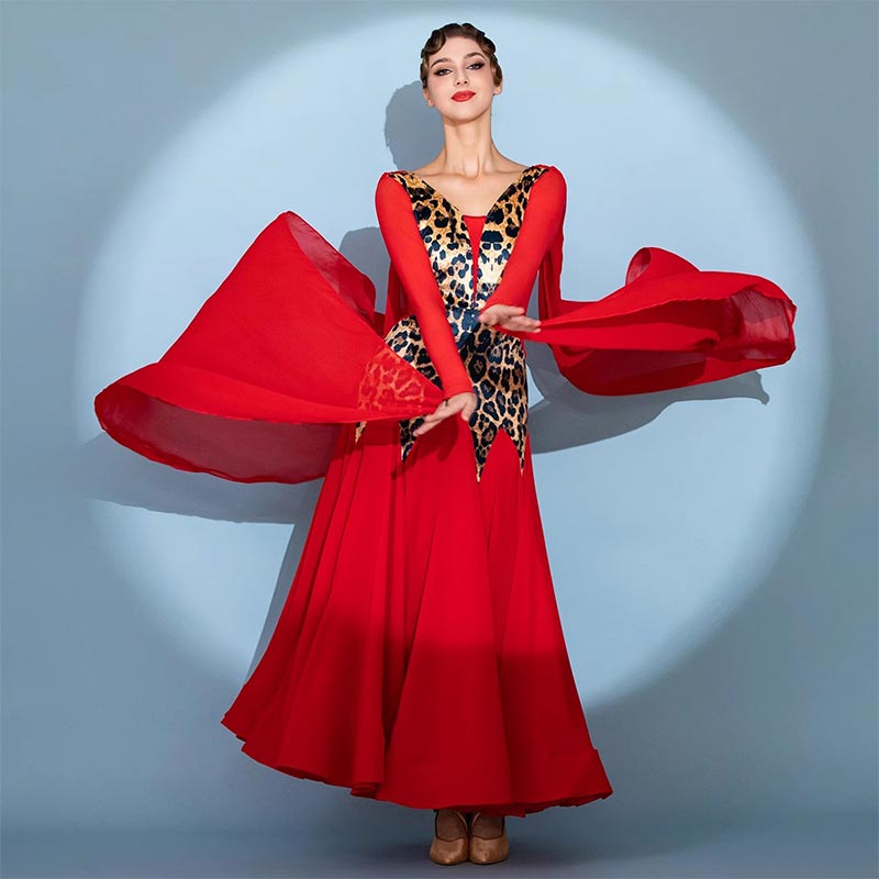 社交ダンス衣装 社交ダンスドレス モダンダンス レッド ベロア ベルベット ヒョウ柄 モダンドレス 社交..