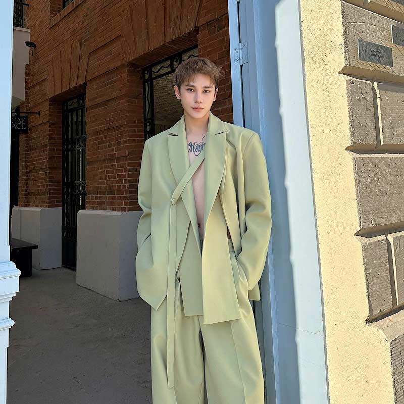 3色 スーツセット ゆったり 肩幅広く メンズスーツ 上下セット カジュアルスーツ ピンク グリーン ホワイト 韓国風 紳士 撮影 お呼ばれ 二次会 入学式 クラブ 紳士服 体型カバー 2点セット スーツ 無地 おしゃれ パンツスーツ 長袖ジャケット 送料無料 M L XL